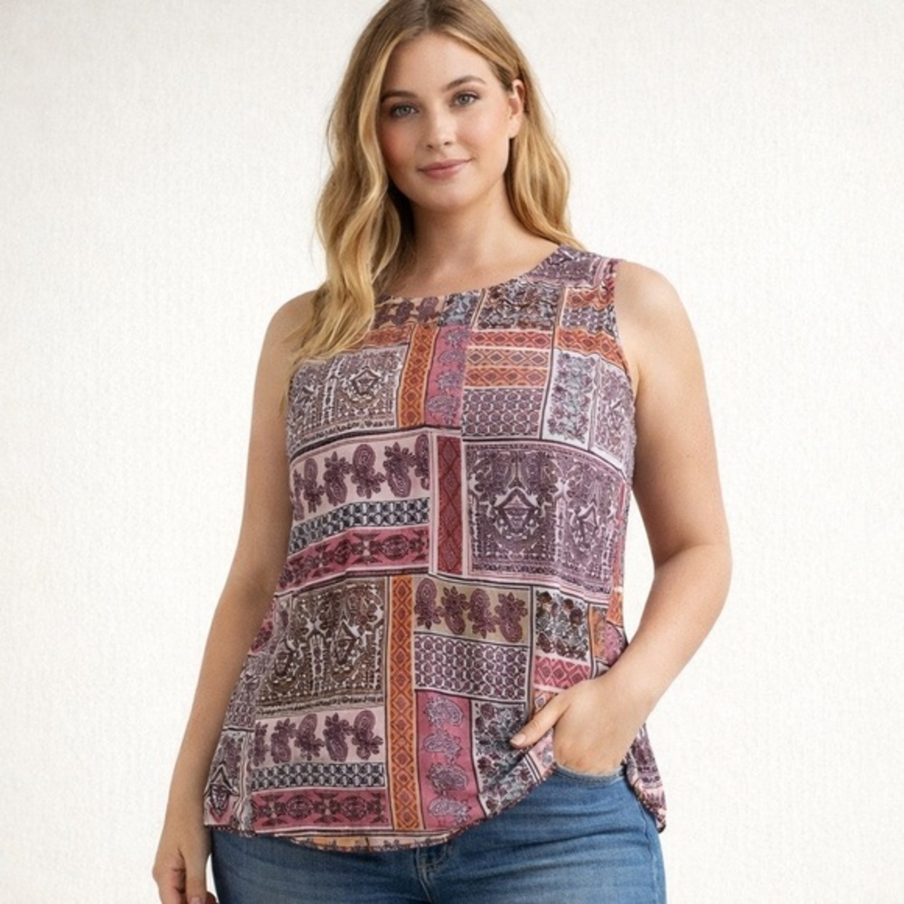 J Jill Womens Top Sz Large Pink Orange Paisley Floral Rayon Patchwork top